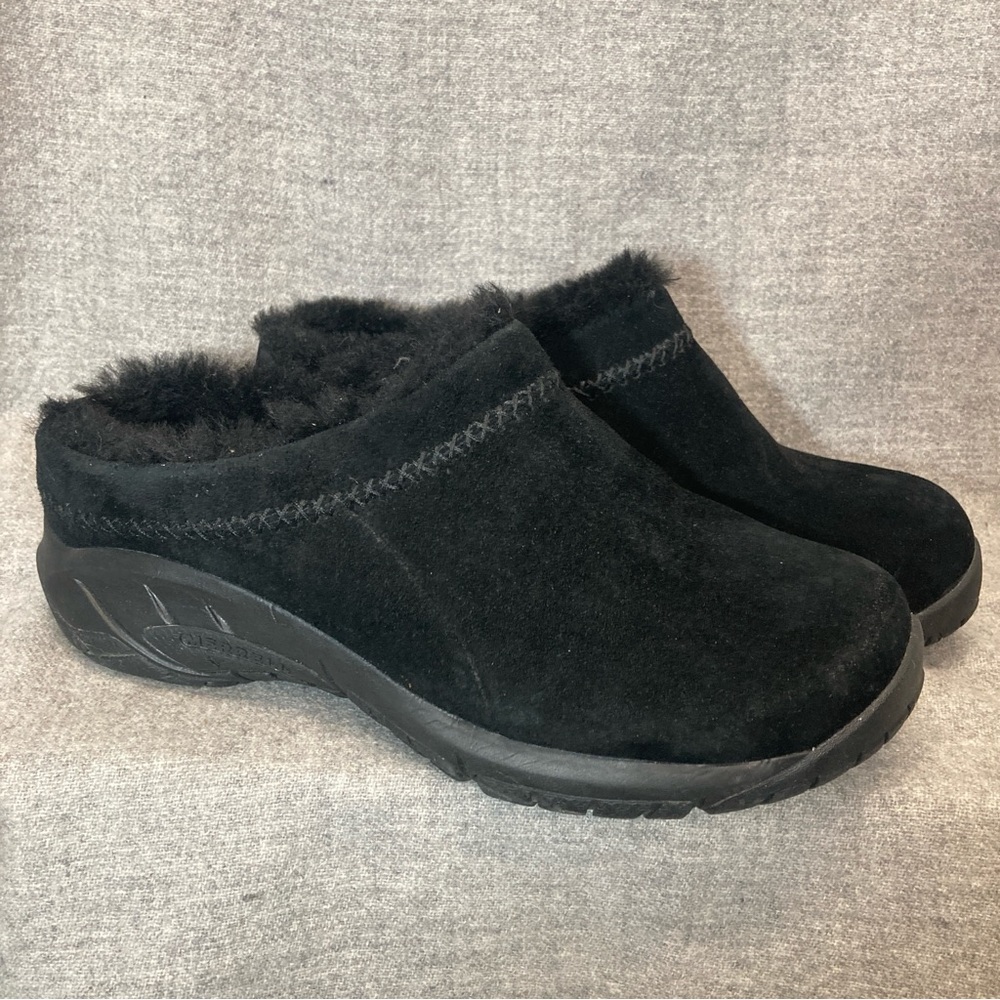 Merrell Encore Q2 Clogs Womens Sz 7.5 Black Suede Shearling Lined Slip On Winter